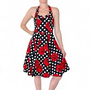 Belle Poque Red Black Floral Polka Dot Coquette Girl Knee-Length Dress